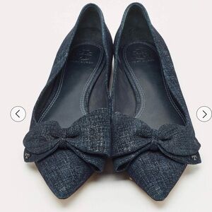 Tory Burch Women's Denim Dark Blue Bow Flats
